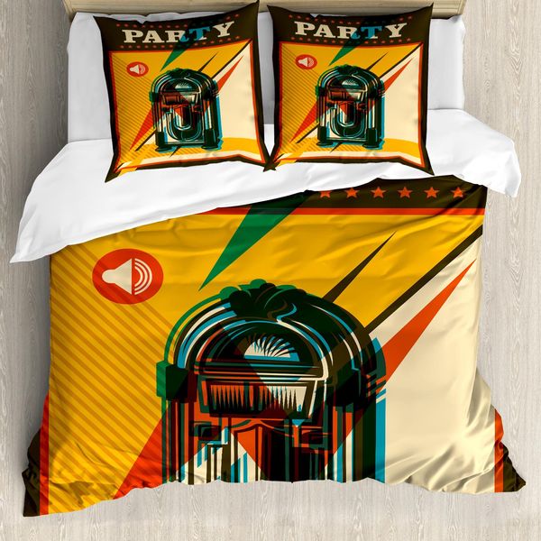 Abakuhaus Set Copripiumino Vintage Per Letti Matrimoniali, Jukebox Retrò Con Musica D'epoca, Antiacaro E Anallergico, Con Federe, Marrone, Giallo, Verde Oliva, Blu-image