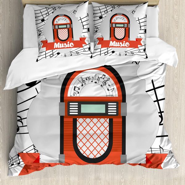 Abakuhaus Copripiumino Music Box, Retro Red Music Box, Antiacaro, Adatto A Chi Soffre Di Allergie, Con Federe, 155 Cm X 220 Cm - 80 X 80 Cm, Arancione, Grigio Chiaro, Nero-image
