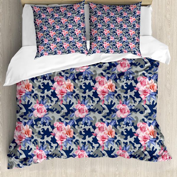 Abakuhaus Copripiumino Camo, Rosa Rosen Retro Camo, Antiacaro, Adatto A Chi Soffre Di Allergie, Con Federe, 200 Cm X 200 Cm - 80 X 80 Cm, Viola Blu Salvia Verde-image