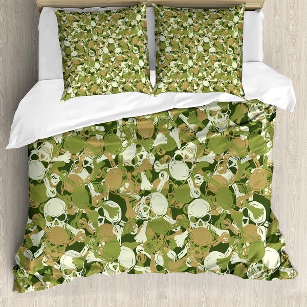 Abakuhaus Set Copripiumino Per Letti Matrimoniali, Sketchy Spuk Camouflage, Antiacaro, Adatto A Chi Soffre Di Allergie, Con Federe, Verde Chiaro, Marrone Chiaro, Verde-image