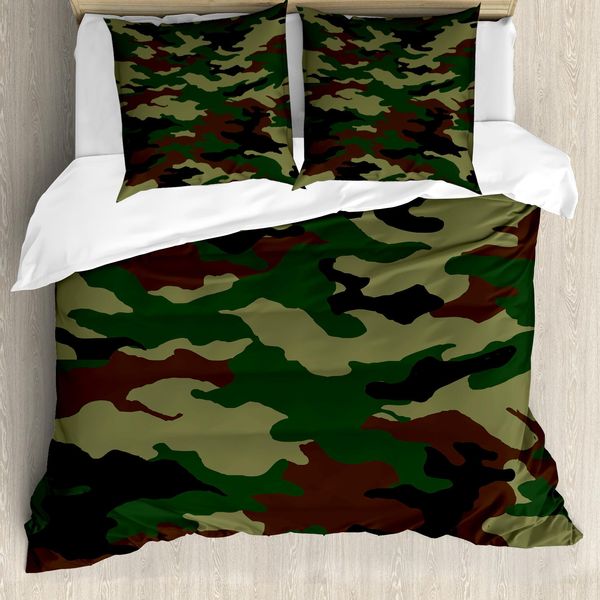 Abakuhaus Copripiumino Camo, Ispirazione Militare, Antiacaro, Adatto A Chi Soffre Di Allergie, Con Federe, 155 Cm X 220 Cm - 80 X 80 Cm, Verde Marrone Verde Bosco-image