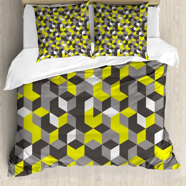 Abakuhaus Copripiumino Grigio E Giallo, Modern Box Cubes, Antiacaro Adatto A Chi Soffre Di Allergie Con Federe, 155 Cm X 220 Cm - 80 X 80 Cm, Giallo Senape-image