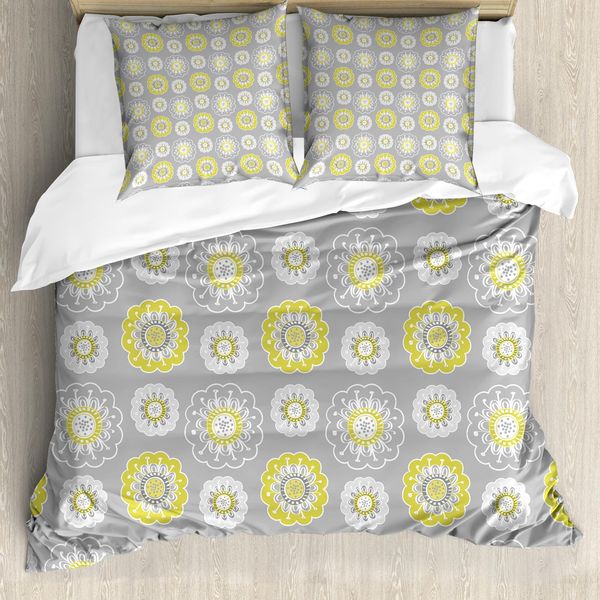 Abakuhaus Copripiumino Grigio E Giallo, Motivo Floreale, Antiacaro, Adatto A Chi Soffre Di Allergie, Con Federe, 155 Cm X 220 Cm - 80 X 80 Cm, Giallo Senape E Bianco-image