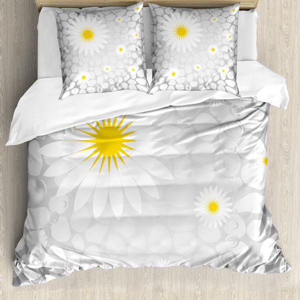 Abakuhaus Copripiumino Grigio E Giallo, Fiori E Pois Animali, Antiacaro E Anallergico, Con Federe, 155 Cm X 220 Cm - 80 X 80 Cm, Bianco E Grigio Chiaro-image