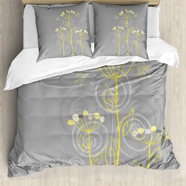 Abakuhaus Set Copripiumino Astratto Per Letti Matrimoniali, Fiori E Farfalle, Antiacaro, Adatto A Chi Soffre Di Allergie, Con Federe, Grigio Antracite E Giallo Chiaro-image