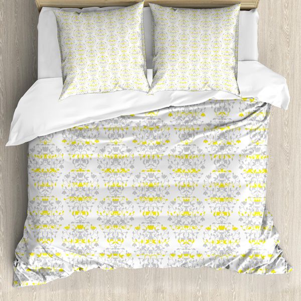 Abakuhaus Copripiumino Grigio E Giallo, Motivo Floreale A Volute, Antiacaro E Anallergico, Con Federe, 200 Cm X 200 Cm - 80 X 80 Cm, Grigio Chiaro E Giallo Calendula-image