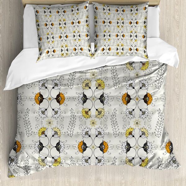 Abakuhaus Set Copripiumino Etnico Per Letti Matrimoniali, Motivi Floreali Paisley, Antiacaro, Adatto A Chi Soffre Di Allergie, Con Federe, Grigio Chiaro Calendula E Nero-image