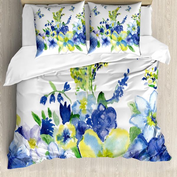 Abakuhaus Set Copripiumino Floreale Per Letti Matrimoniali, Acquerello Fiori Primaverili, Antiacaro, Adatto A Chi Soffre Di Allergie, Con Federe, Bianco, Verde Chiaro, Blu Violetto-image