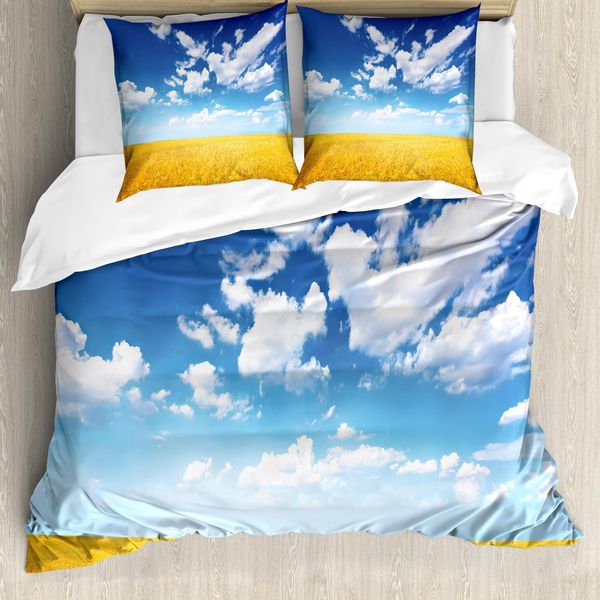 Abakuhaus Copripiumino Giallo E Blu, Campo Di Grano Estate, Antiacaro, Adatto A Chi Soffre Di Allergie, Con Federe, 200 Cm X 200 Cm - 80 X 80 Cm, Terra Giallo Blu Bianco-image