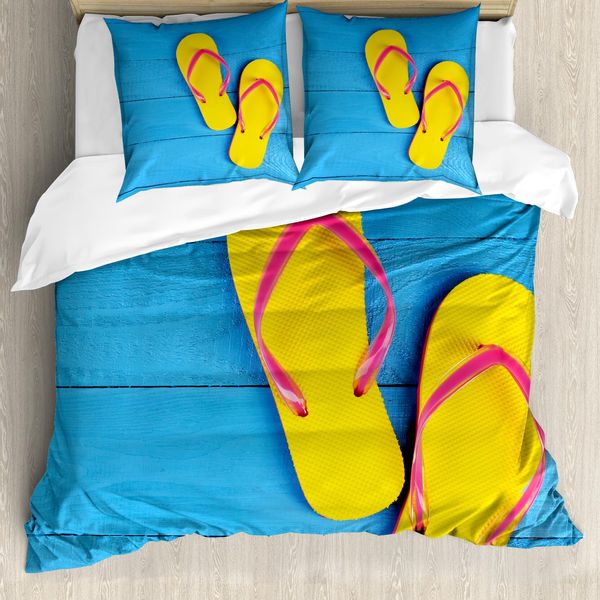 Abakuhaus Copripiumino Giallo E Blu, Flip Flops Pier, Antiacaro, Adatto A Chi Soffre Di Allergie, Con Federe, 155 Cm X 220 Cm - 80 X 80 Cm, Azzurro, Giallo, Rosa-image