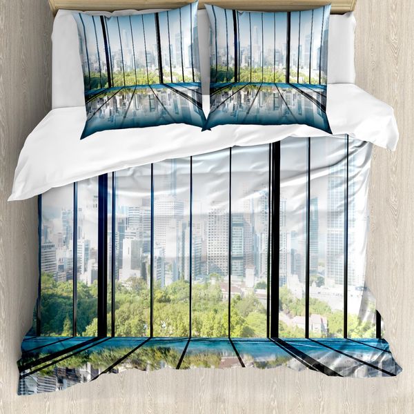 Abakuhaus Copripiumino Paesaggio, Paesaggio Urbano Con Grattacieli, Antiacaro, Adatto A Chi Soffre Di Allergie, Con Federe, 155 Cm X 220 Cm - 80 X 80 Cm, Bianco, Nero E Verde-image