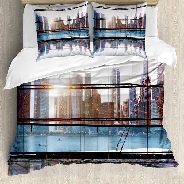 Abakuhaus Set Copripiumino Per Letti Matrimoniali, Futuristico Metropolit, Antiacaro Adatto A Chi Soffre Di Allergie Con Federe, Azzurro Bianco E Nero-image