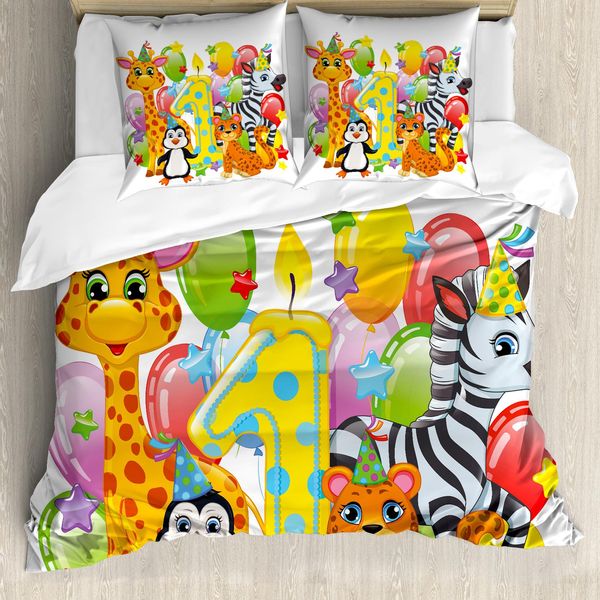 Abakuhaus 1° Compleanno Copripiumino, Safari Animal Birthday, Antiacaro, Adatto A Chi Soffre Di Allergie, Con Federe, 200 Cm X 200 Cm - 80 X 80 Cm, Multicolore-image
