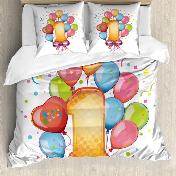 Abakuhaus 1° Compleanno Copripiumino, Compleanno Vintage Per Bambini, Antiacaro, Adatto A Chi Soffre Di Allergie, Con Federe, 155 Cm X 220 Cm - 80 X 80 Cm, Multicolore-image