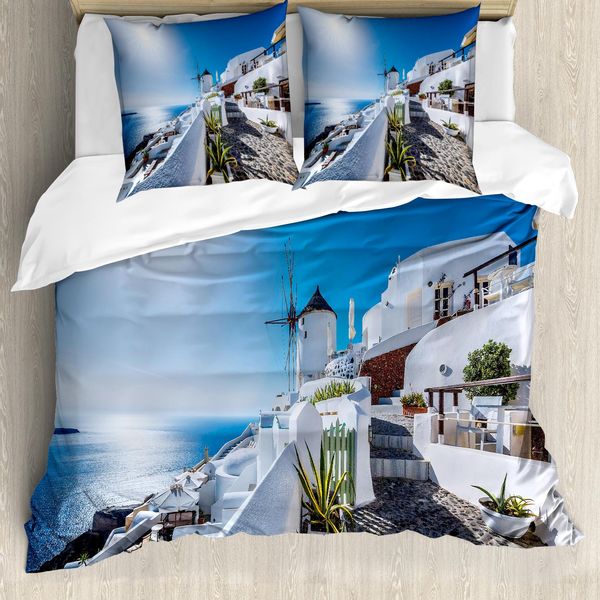 Abakuhaus Copripiumino Estivo, Villaggio Di Oia A Santorini, Antiacaro, Adatto A Chi Soffre Di Allergie, Con Federe, 155 Cm X 220 Cm - 80 X 80 Cm, Blu E Bianco-image