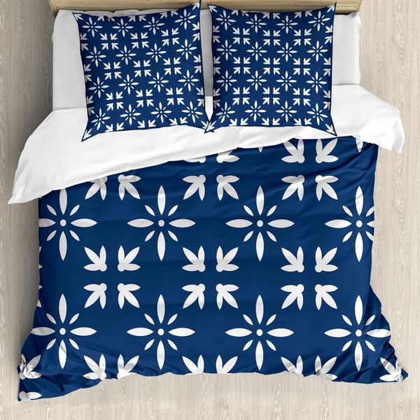 Abakuhaus Copripiumino Indigo, Petali Moderni, Antiacaro, Adatto A Chi Soffre Di Allergie, Con Federe, 200 Cm X 200 Cm - 80 X 80 Cm, Blu Navy E Bianco-image