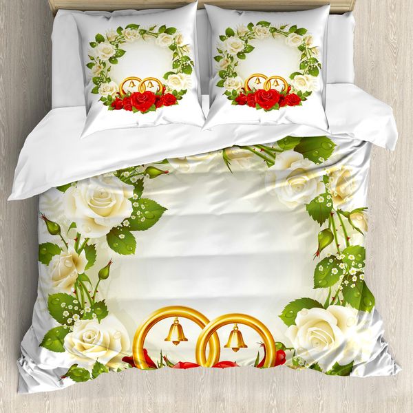 Abakuhaus Copripiumino Matrimoniale, Fedi Nuziali Con Rose, Antiacaro E Anallergico, Con Federe, 155 Cm X 220 Cm - 80 X 80 Cm, Bianco, Verde, Rosso-image