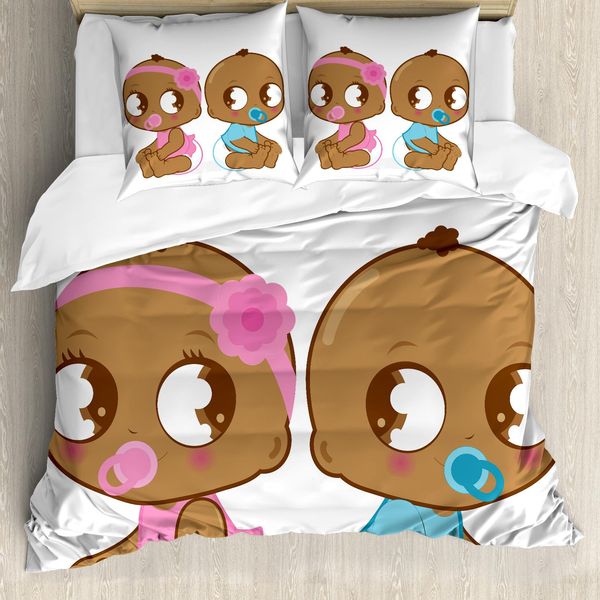 Abakuhaus Set Copripiumino Per Letti Matrimoniali, Bambino Afroamericano, Antiacaro, Adatto A Chi Soffre Di Allergie, Con Federe, Marrone Chiaro, Azzurro E Rosa-image