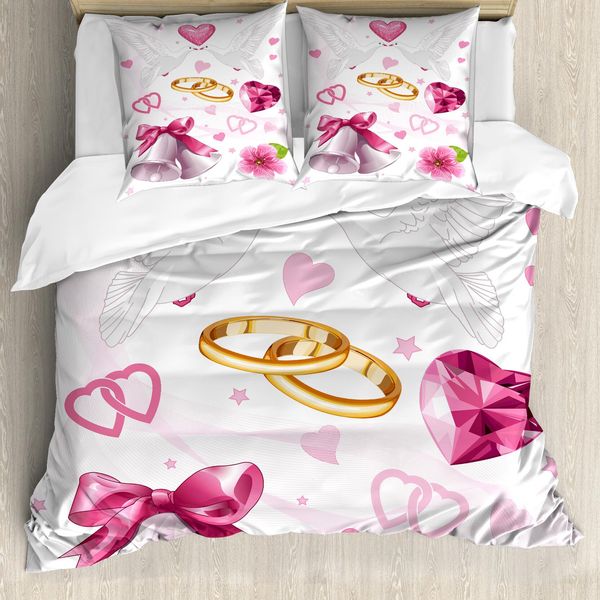Abakuhaus Copripiumino Matrimoniale, Fedi Nuziali Cuori, Antiacaro, Adatto A Chi Soffre Di Allergie, Con Federe, 155 Cm X 220 Cm - 80 X 80 Cm, Rosa Bianco Arancione-image