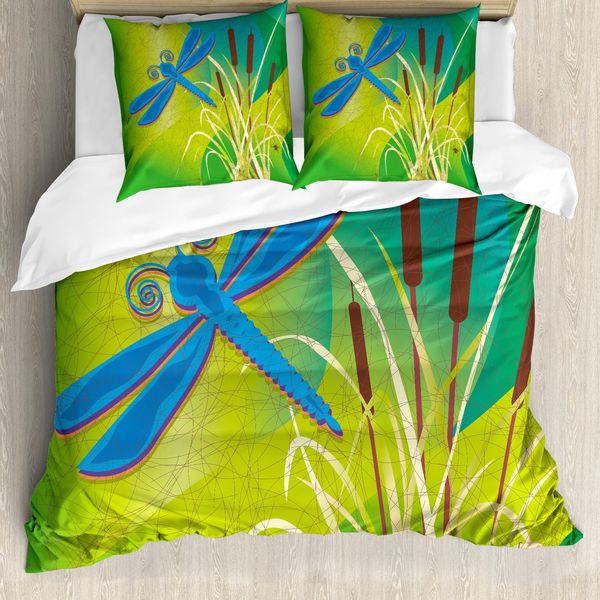 Abakuhaus Copripiumino Libellula, Libellula Blu Su Sfondo Verde, Antiacaro Adatto A Chi Soffre Di Allergie Con Federe, 155 Cm X 220 Cm - 80 X 80 Cm, Verde Pallido Marrone-image