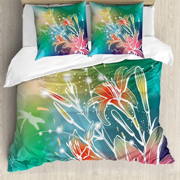 Abakuhaus Copripiumino Libelle, Digital Lilacs Dragonfly, Antiacaro, Adatto A Chi Soffre Di Allergie, Con Federe, 200 Cm X 200 Cm - 80 X 80 Cm, Felce, Verde, Lilla-image