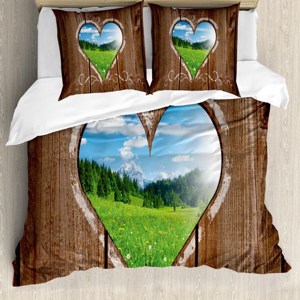 Abakuhaus Set Copripiumino Rustico Per Letti Matrimoniali, Finestra Con Cuori Su Prato Di Campagna, Antiacaro, Adatto A Chi Soffre Di Allergie, Con Federe, Marrone Umbra, Azzurro, Verde Lime-image