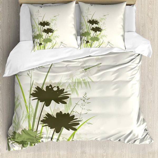 Abakuhaus Copripiumino Libellula, Fiori E Foglie, Antiacaro, Adatto A Chi Soffre Di Allergie, Con Federe, 155 Cm X 220 Cm - 80 X 80 Cm, Verde Chiaro Verde Scuro-image