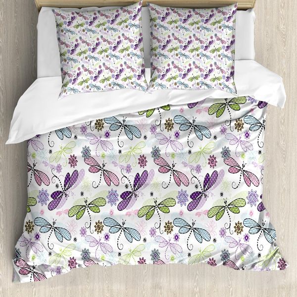 Abakuhaus Copripiumino Libellula, Libellule Fiori, Antiacaro Adatto A Chi Soffre Di Allergie Con Federe, 155 Cm X 220 Cm - 80 X 80 Cm, Azzurro Lilla-image
