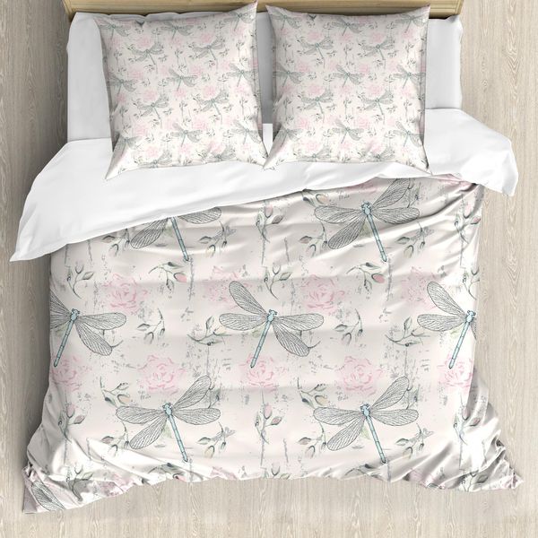 Abakuhaus Copripiumino Libelle, Vintage Dragonfly, Antiacaro, Adatto A Chi Soffre Di Allergie, Con Federe, 200 Cm X 200 Cm - 80 X 80 Cm, Rosa Chiaro Grigio Pallido-image