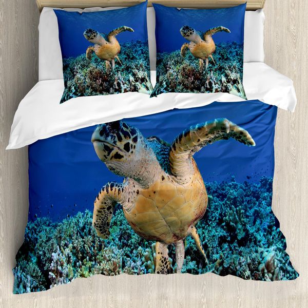 Abakuhaus Set Copripiumino Tartaruga Per Letti Matrimoniali, Cheloniidae Oceano Profondo, Antiacaro, Adatto A Chi Soffre Di Allergie, Con Federe, Blu Violetto Marrone Chiaro-image