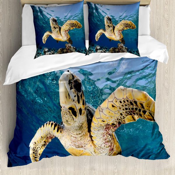 Abakuhaus Copripiumino Tartaruga, Tartarughe Embricate, Antiacaro, Adatto A Chi Soffre Di Allergie, Con Federe, 200 Cm X 200 Cm - 80 X 80 Cm, Blu, Viola, Giallo-image