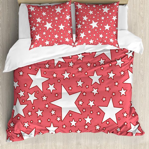 Abakuhaus Copripiumino Coral, Grandi Stelle Luminose, Antiacaro, Adatto A Chi Soffre Di Allergie, Con Federe, 200 Cm X 200 Cm - 80 X 80 Cm, Rosso Corallo E Bianco-image