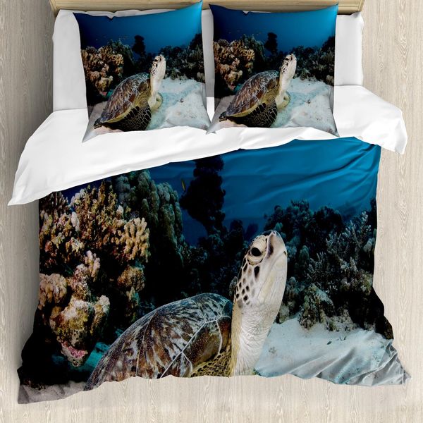 Abakuhaus Copripiumino Tartaruga, Barriera Corallina Tartaruga, Antiacaro Adatto A Chi Soffre Di Allergie Con Federe, 155 Cm X 220 Cm - 80 X 80 Cm, Brown Coconut Aqua-image