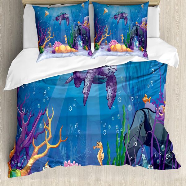 Abakuhaus Copripiumino Tartaruga, Underwater World Cartoon, Antiacaro, Adatto A Chi Soffre Di Allergie, Con Federe, 155 Cm X 220 Cm - 80 X 80 Cm, Viola Arancione Acquamarina-image
