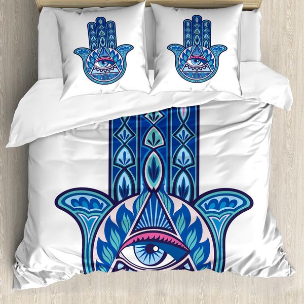 Abakuhaus Copripiumino Evil Eye, Vibrant Hamsa Triangle, Antiacaro E Anallergico, Con Federe, 155 Cm X 220 Cm - 80 X 80 Cm, Blu Turchese Rosa-image