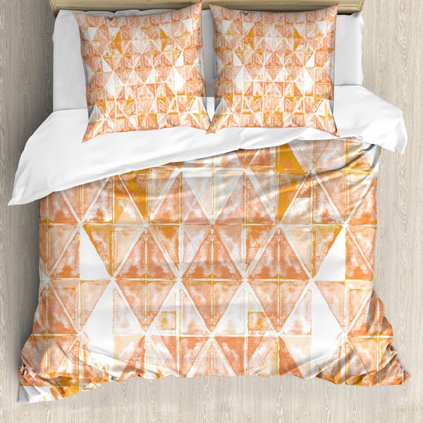 Abakuhaus Copripiumino Coral, Motivo A Triangoli, Antiacaro E Anallergico, Con Federe, 155 Cm X 220 Cm - 80 X 80 Cm, Arancione Corallo E Bianco-image