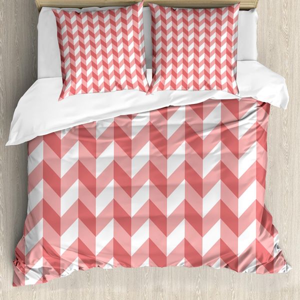 Abakuhaus Copripiumino Coral, Motivo Chevron Retrò, Antiacaro E Anallergico, Con Federe, 155 Cm X 220 Cm - 80 X 80 Cm, Corallo Scuro E Corallo Bianco-image