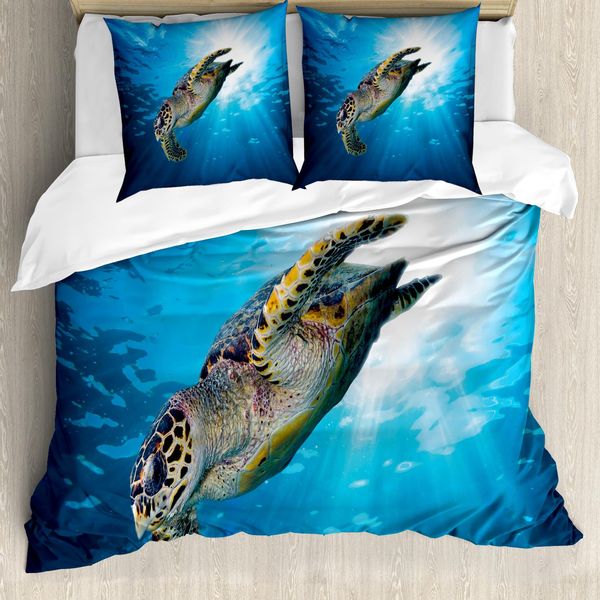 Abakuhaus Copripiumino Tartaruga, Sea Turtle Tauchen, Antiacaro, Adatto A Chi Soffre Di Allergie, Con Federe, 200 Cm X 200 Cm - 80 X 80 Cm, Giallo Marrone Blu-image
