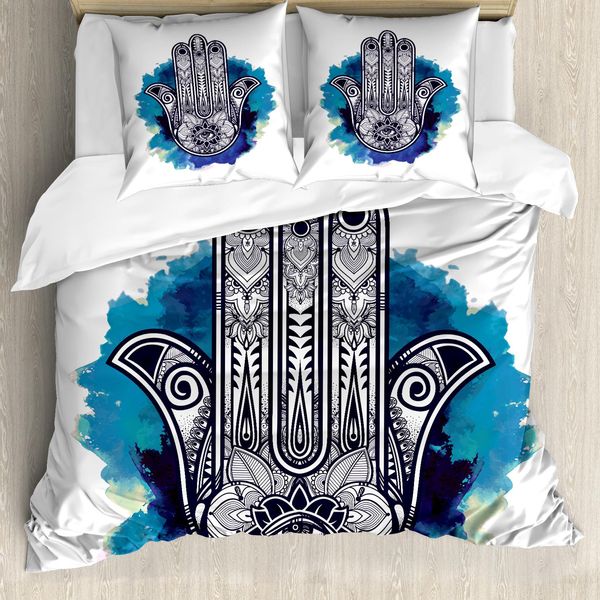 Abakuhaus Copripiumino Evil Eye, Hamsa Brushstrokes, Antiacaro, Adatto A Chi Soffre Di Allergie, Con Federe, 200 Cm X 200 Cm - 80 X 80 Cm, Azzurro Pallido Blu Scuro-image
