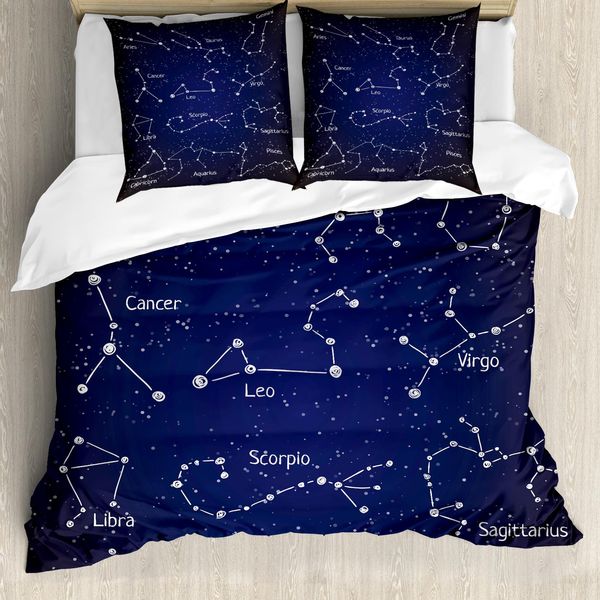 Abakuhaus Costellazione Copripiumino, Arte Zodiac-Gekritzel, Antiacaro Adatto A Chi Soffre Di Allergie Con Federe, 200 Cm X 200 Cm - 80 X 80 Cm, Blu Blu Scuro Bianco-image
