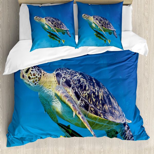 Abakuhaus Copripiumino Tartaruga, Pesci Che Nuotano Nell'oceano, Antiacaro, Adatto A Chi Soffre Di Allergie, Con Federe, 155 Cm X 220 Cm - 80 X 80 Cm, Blu Giallo Marrone-image