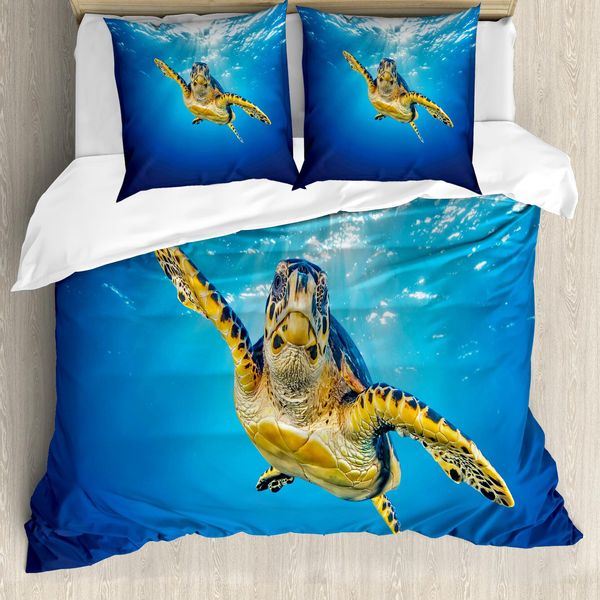 Abakuhaus Copripiumino Tartaruga, Blue Waters Swimming, Antiacaro, Adatto A Chi Soffre Di Allergie, Con Federe, 200 Cm X 200 Cm - 80 X 80 Cm, Blu, Giallo, Marrone Scuro-image