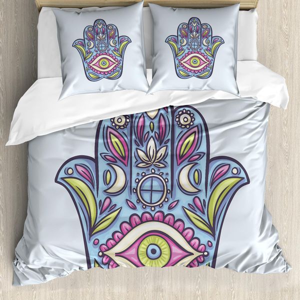 Abakuhaus Copripiumino Evil Eye, Doodle Hamsa Colorato, Antiacaro, Adatto A Chi Soffre Di Allergie, Con Federe, 200 Cm X 200 Cm - 80 X 80 Cm, Azzurro-Rosa-Verde-image