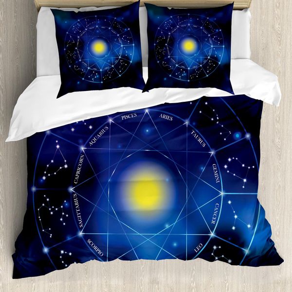 Abakuhaus Constellation Copripiumino, Zodiaco Sun, Antiacaro Adatto A Chi Soffre Di Allergie Con Federe, 200 Cm X 200 Cm - 80 X 80 Cm, Azzurro Indaco Giallo-image