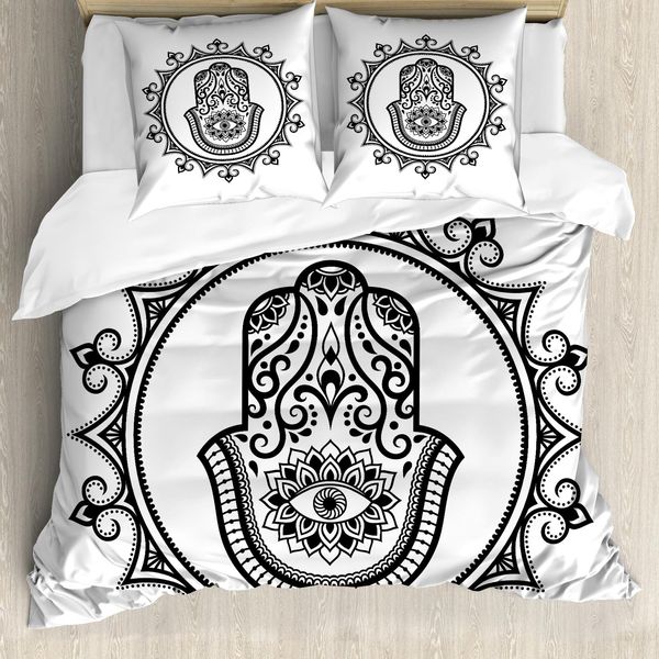 Abakuhaus Copripiumino Evil Eye, Forma Hamsa Mandala, Antiacaro, Adatto A Chi Soffre Di Allergie, Con Federe, 200 Cm X 200 Cm - 80 X 80 Cm, Bianco E Nero-image
