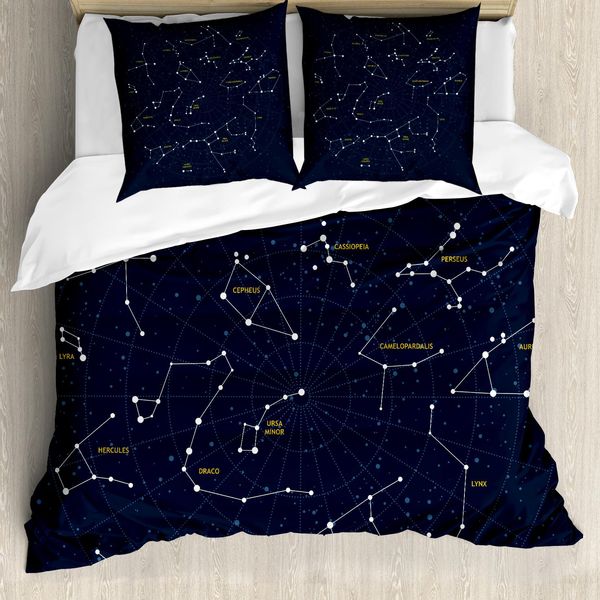 Abakuhaus Costellazione Copripiumino, Stelle Sky Map, Antiacaro Adatto A Chi Soffre Di Allergie Con Federe, 155 Cm X 220 Cm - 80 X 80 Cm, Blu Scuro Giallo Bianco-image
