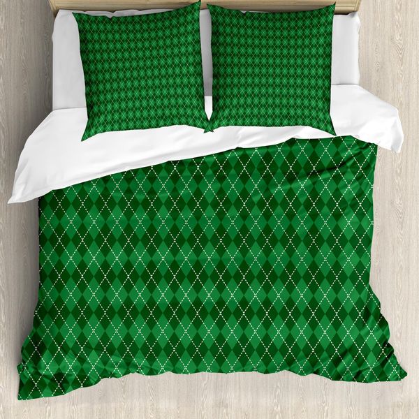 Abakuhaus Copripiumino Irlandese, Tartan Argyle Vintage, Antiacaro, Adatto A Chi Soffre Di Allergie, Con Federe, 155 Cm X 220 Cm - 80 X 80 Cm, Verde Scuro, Bianco-image