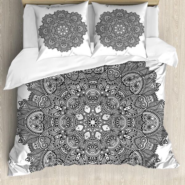 Abakuhaus Copripiumino Lotus, Motivo Mosaico Dettagliato, Antiacaro, Adatto A Chi Soffre Di Allergie, Con Federe, 155 Cm X 220 Cm - 80 X 80 Cm, Bianco E Nero-image