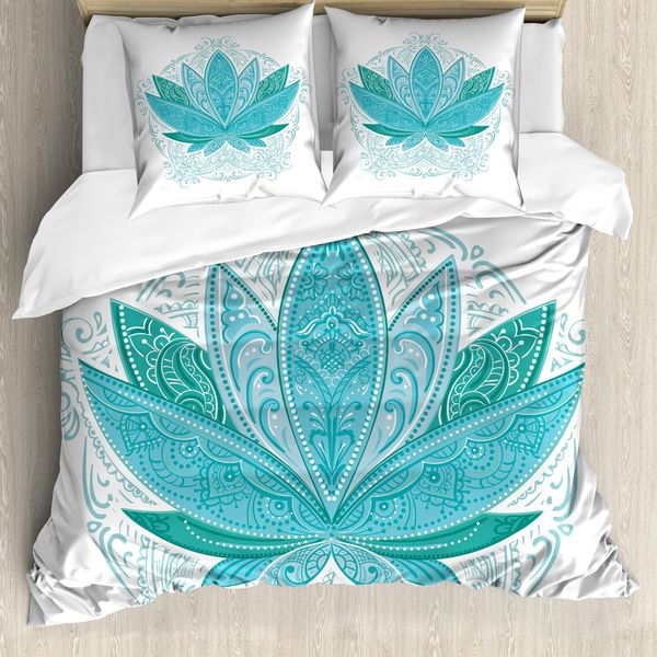 Abakuhaus Copripiumino Lotus, Mehndi Lotus, Antiacaro, Adatto A Chi Soffre Di Allergie, Con Federe, 155 Cm X 220 Cm - 80 X 80 Cm, Teal Sky Blue-image