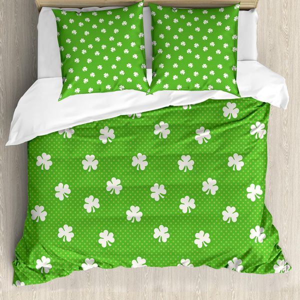 Abakuhaus Set Copripiumino Irlandese Per Letti Matrimoniali, Pois E Trifogli, Antiacaro Adatto A Chi Soffre Di Allergie Con Federe, Verde Lime Bianco-image